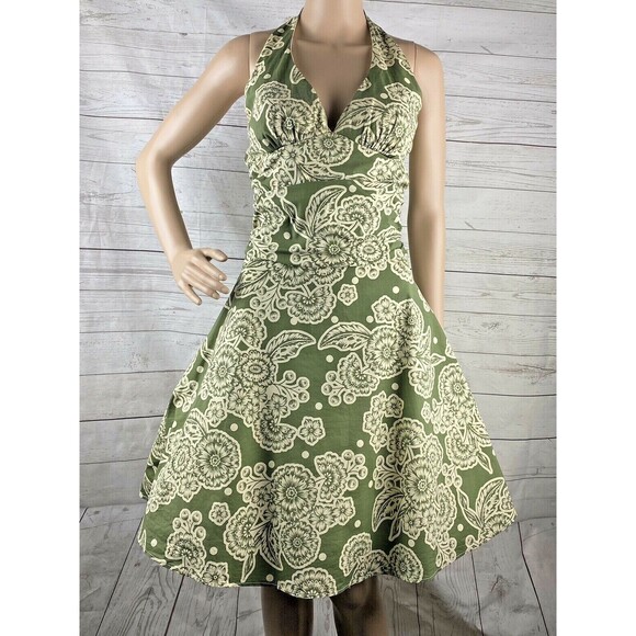 Ruby Rox Halter Dress Green Cream Floral Print Flared Petticoat - Picture 1 of 12